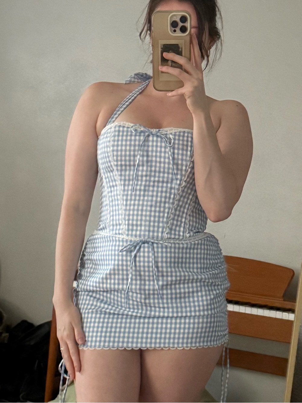 Light Blue Gingham Halter Corset 2 piece set